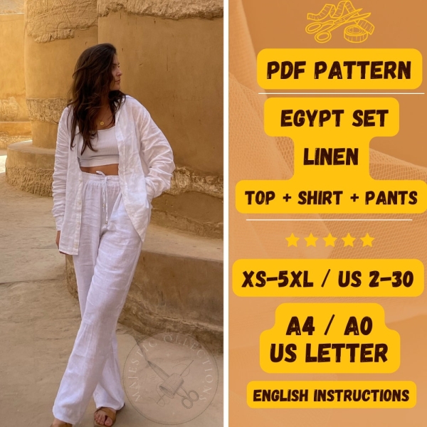 Set Linen Sewing Pattern, Linen Pants, Linen Shirt and Cotton Top, Bali Set, Egypt Set, Three Piece Set, PDF Sewing Pattern, XS-5XL
