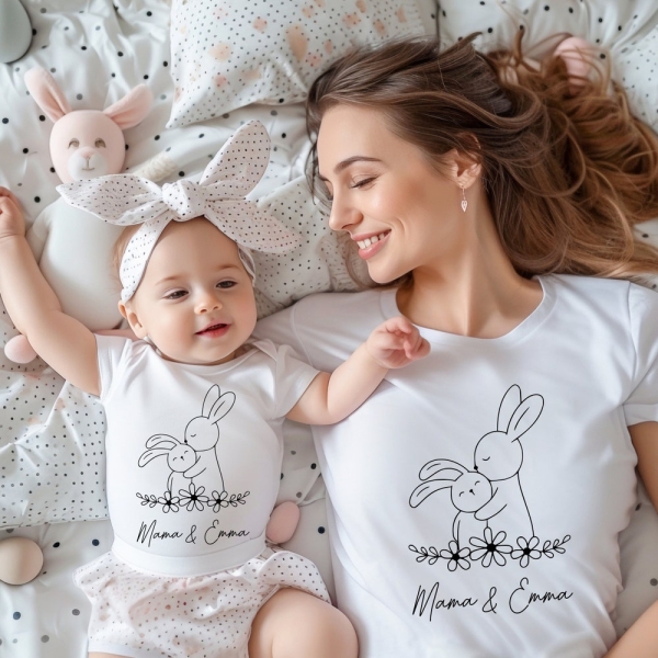 Mom and baby gift idea. Mother and child set. Matching outfits for the best mom and baby duo. Mother's Day gift: Mom and me bunny set.