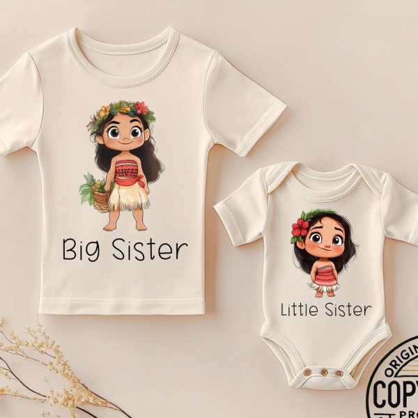 Moana Inspired Big Sister Little Sister Matching Outfit Set – Hawaiian Theme – Baby Onesie and Toddler Shirt – Sibling Gift